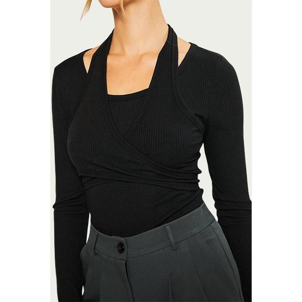 NEW PRETTY GARBAGE layered halterneck ribbed-knit top in black